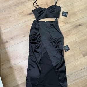 Lulu’s Two Piece Black Satin Midi Skirt and Top